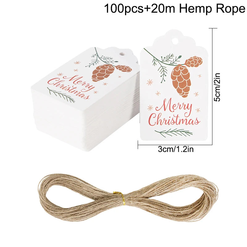 100pcs Merry Christmas Gift Tags with 65ft Hemp Rope – Holiday Paper Tags for Christmas Wrapping, Party Favors & DIY Packaging (Assorted Designs)