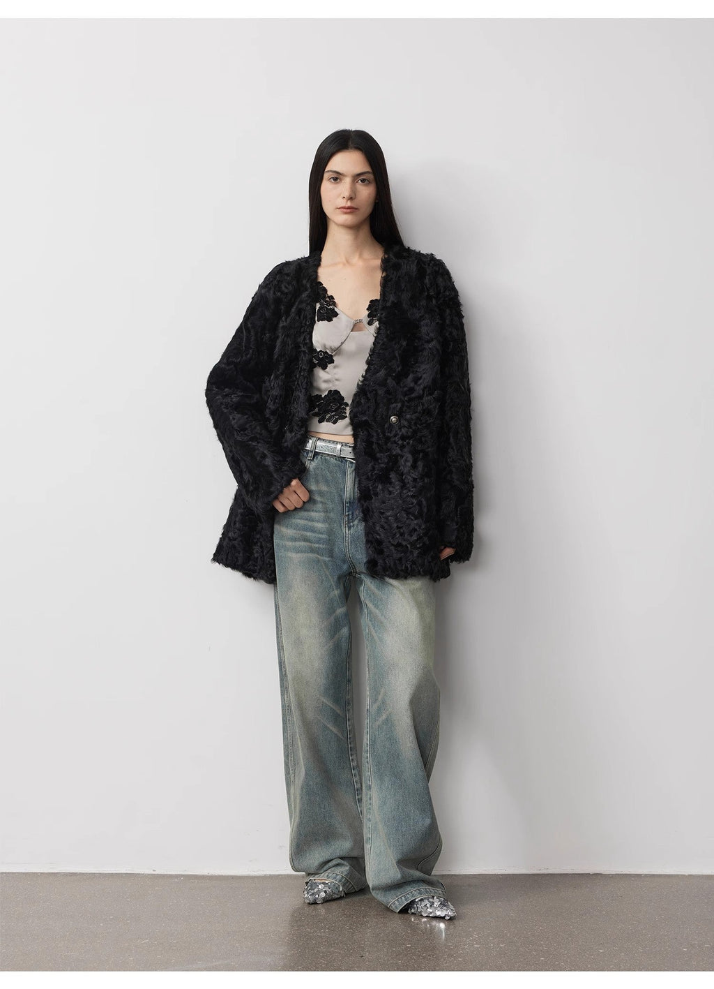 "Blizzard Urban" Two-Color Lamb Fur Coat