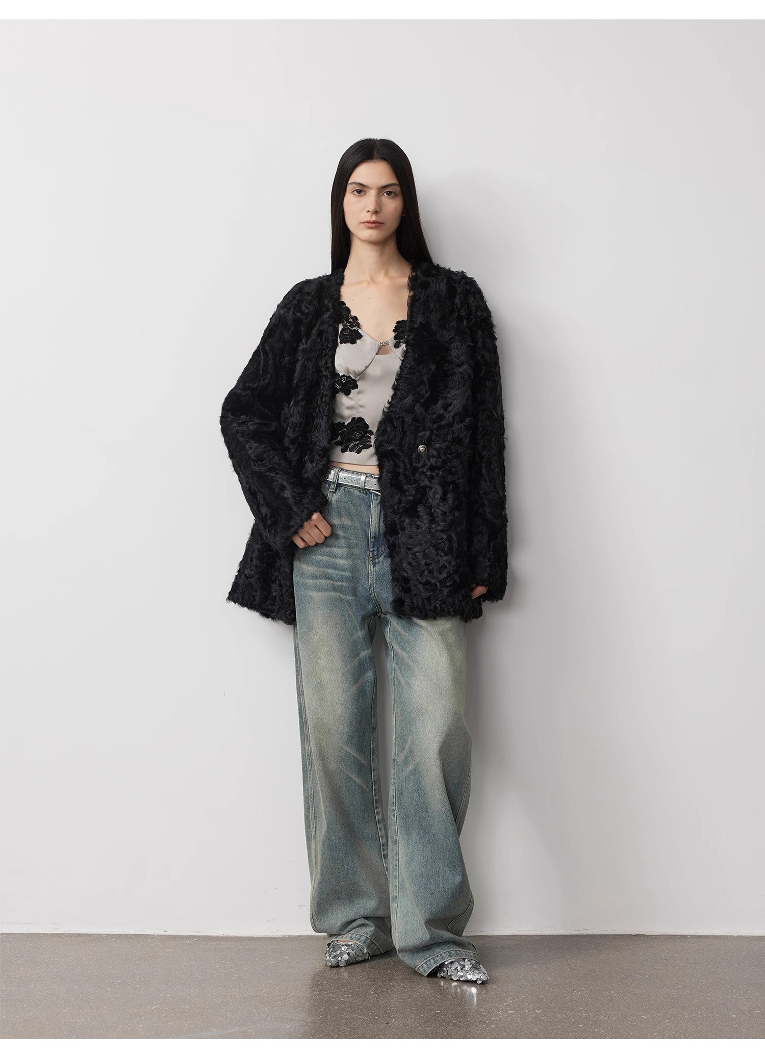 "Blizzard Urban" Two-Color Lamb Fur Coat