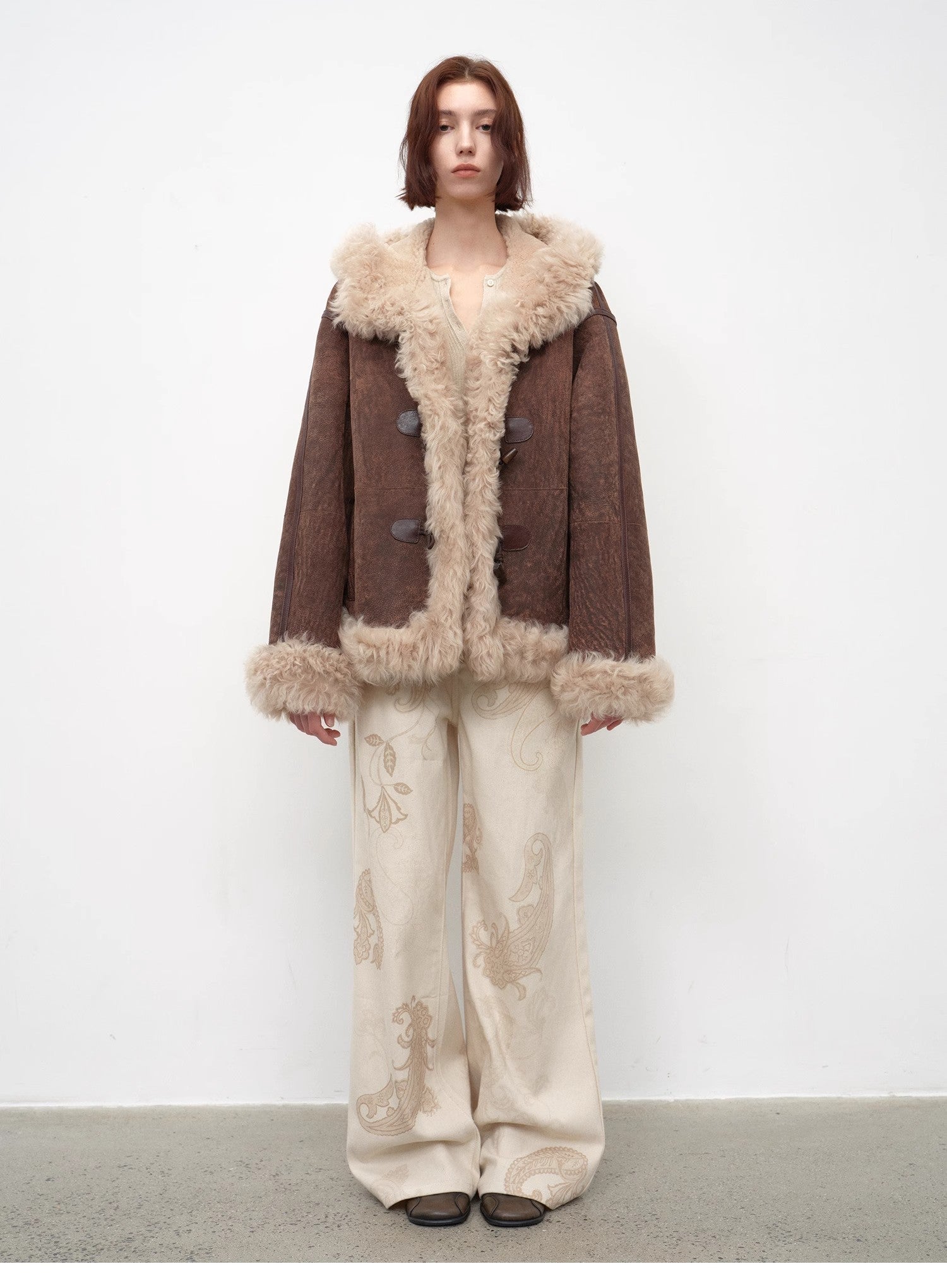 "Modern Weekend" Drop Shoulder Hooded Merino Wool Sheepskin Fur Coat