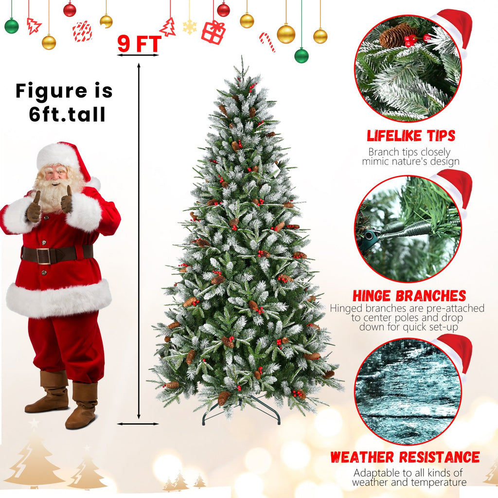 7ft Snow-Dusted Christmas Tree with Red Berries & Pine Cones – 2178 PE+PVC Tips, Hinged Design, and Metal Stand