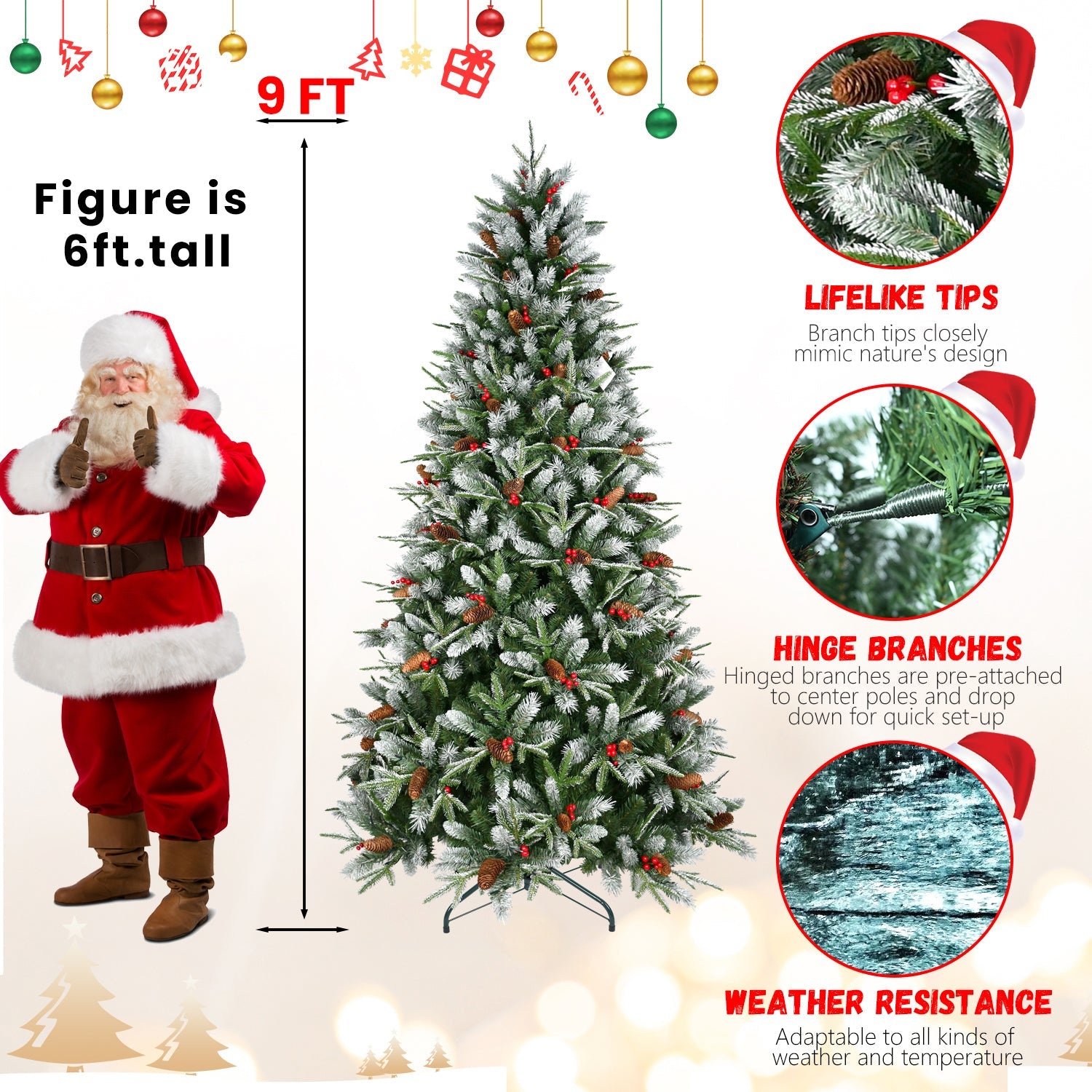 7ft Snow-Dusted Christmas Tree with Red Berries & Pine Cones – 2178 PE+PVC Tips, Hinged Design, and Metal Stand