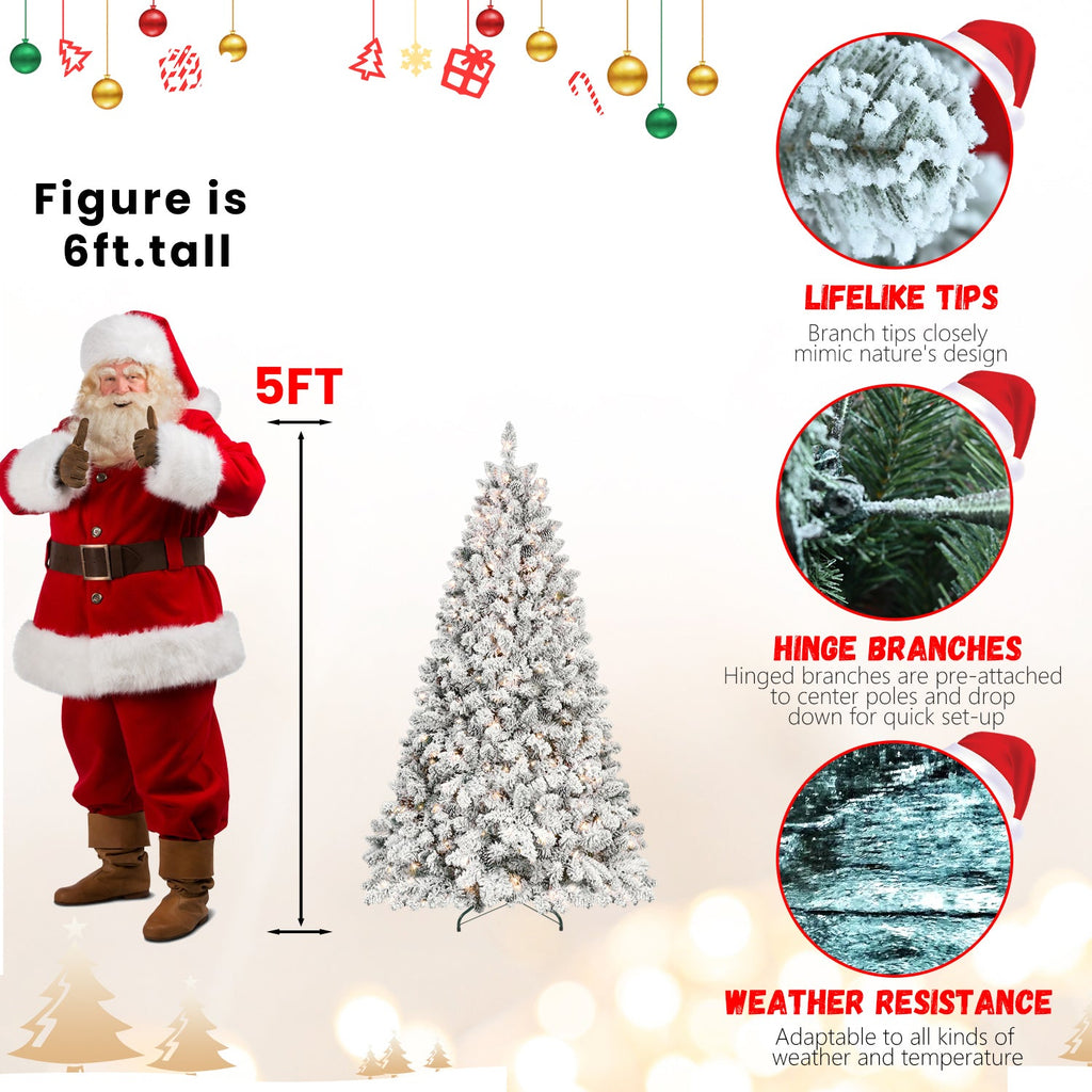 8ft Flocked Christmas Tree with 700 Warm White UL Lights & 54 Pine Cones – 1754 Snowy PVC Tips, Hinged Structure, and Metal Stand