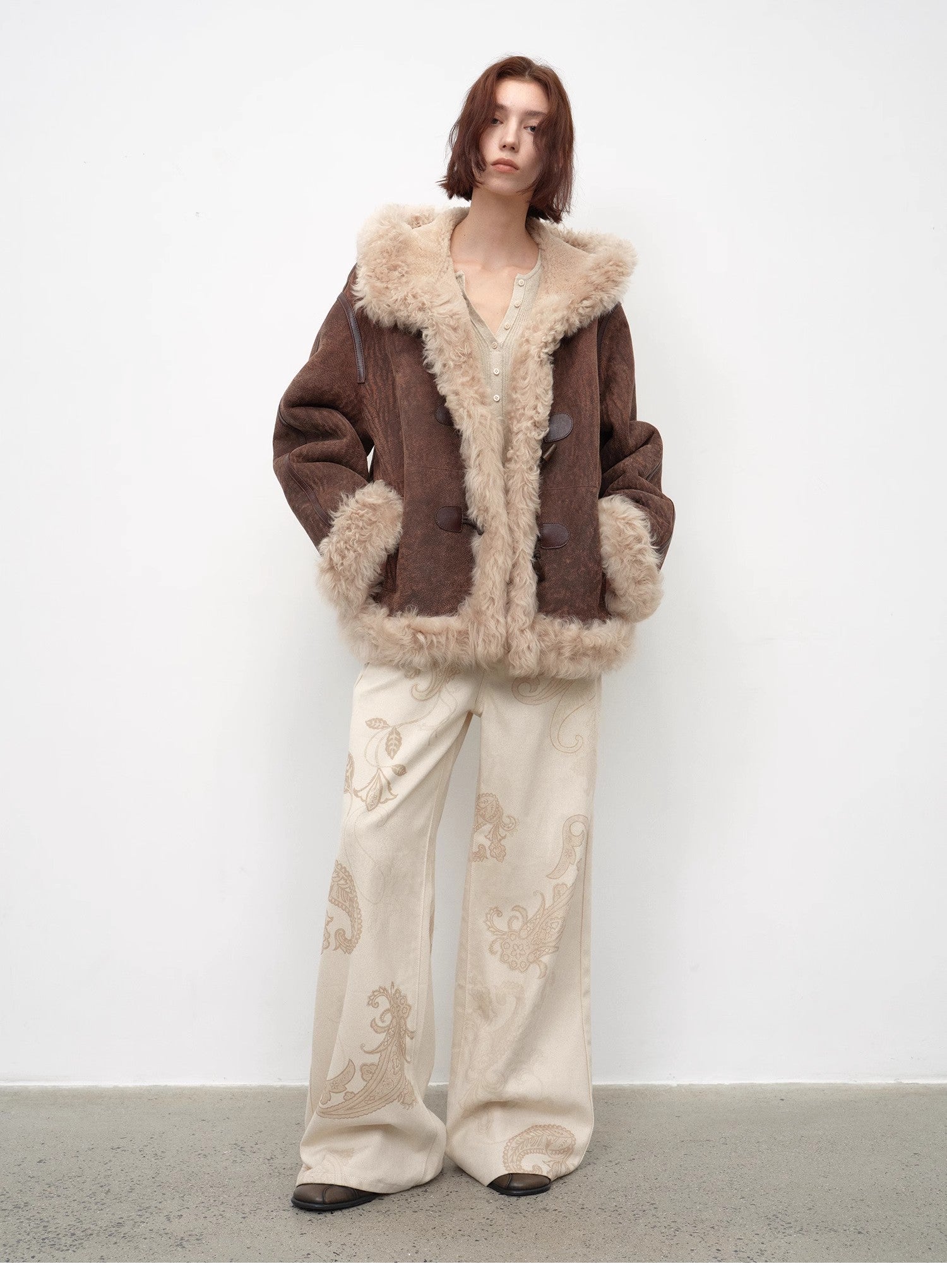 "Modern Weekend" Drop Shoulder Hooded Merino Wool Sheepskin Fur Coat