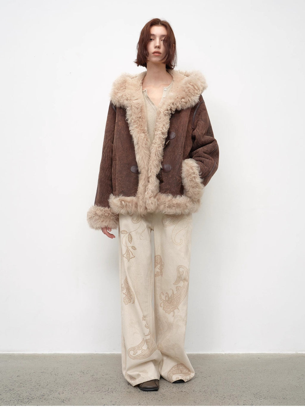 "Modern Weekend" Drop Shoulder Hooded Merino Wool Sheepskin Fur Coat