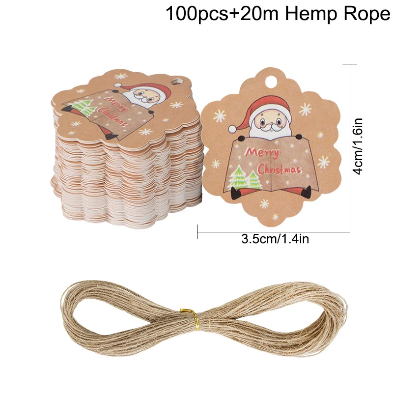 100pcs Merry Christmas Gift Tags with 65ft Hemp Rope – Holiday Paper Tags for Christmas Wrapping, Party Favors & DIY Packaging (Assorted Designs)
