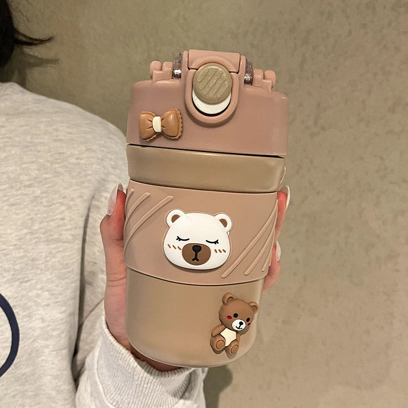 450ML Cute Bear Double Drink Thermos Coffee Mug With Straw Portable Stainless Steel Tumbler Insulated Cup Bottle For Kids Girls