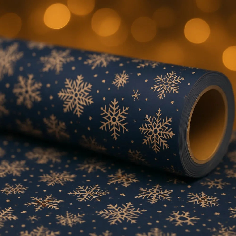 Extra Long Dark Blue Snowflake Wrapping Paper – Double-Sided Kraft Gift Wrap Roll, Navy & Gold Winter Holiday Wrapping Pape