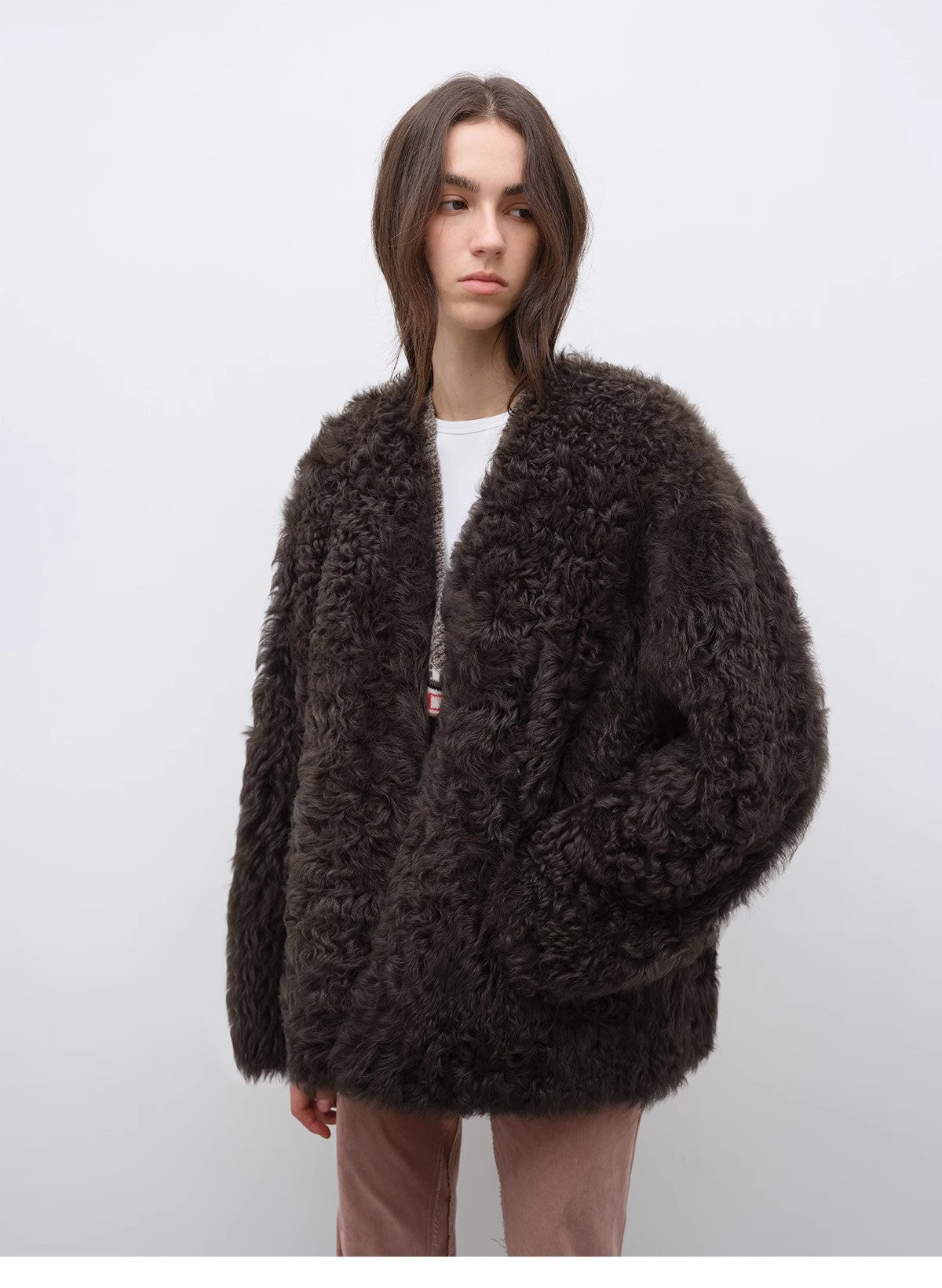"Castle Dusk" V-Neck Curly Wool Sheepskin Fur Coat