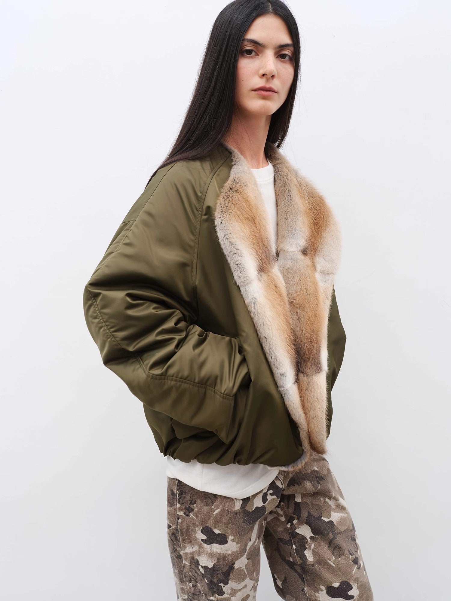 “Hull Contract” Colorblocked Mink-Lapel Parka