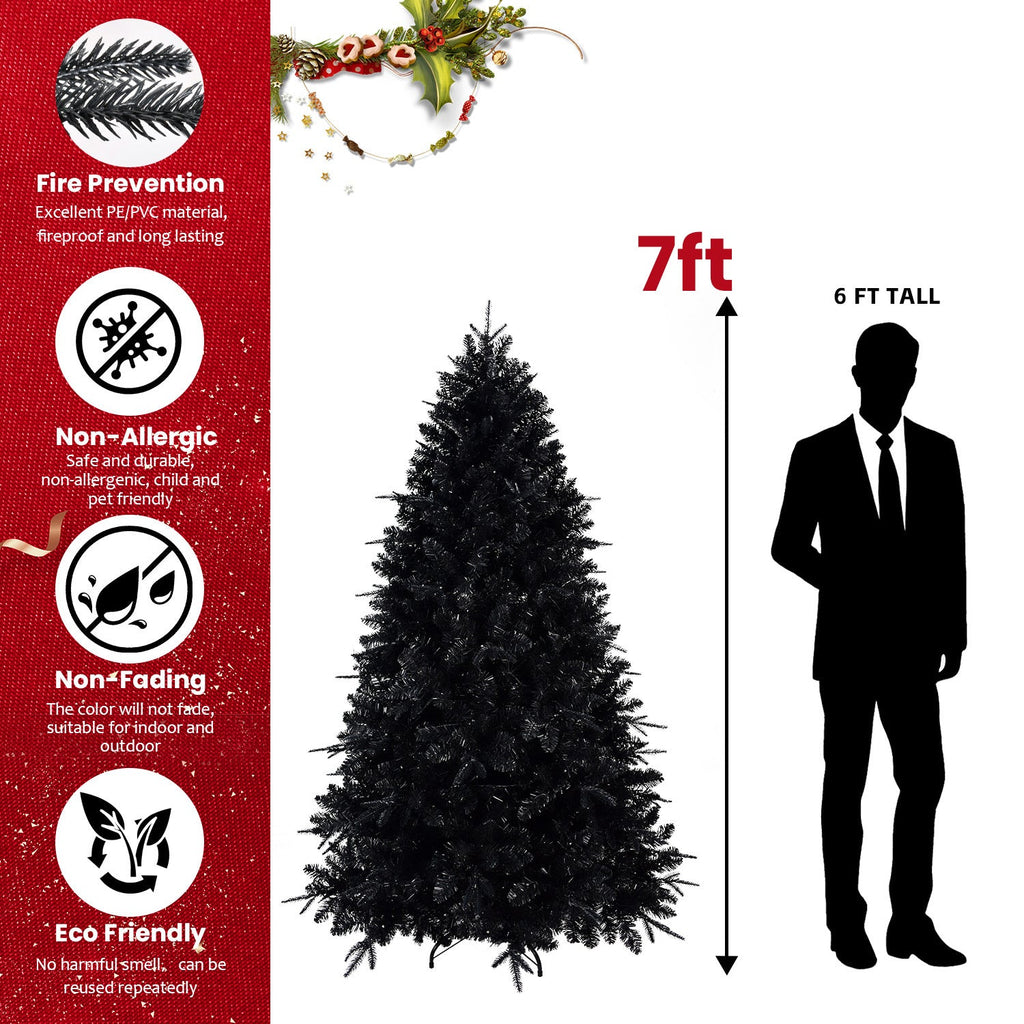 7.5ft Black Artificial Christmas Tree with 500 White LED Lights – 2156 PE+PVC Tips, Modern Hinged Design & Durable Metal Stand