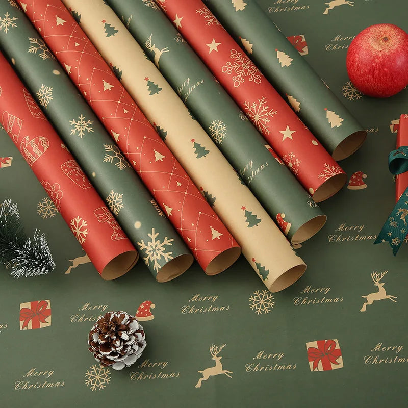 7-Pack Christmas Wrapping Paper Set – Vintage Kraft Gift Wrap with Red, Green & Gold Holiday Prints, 29×20 Inch Sheets for Christmas Gifts, Bouquets & DIY Crafts