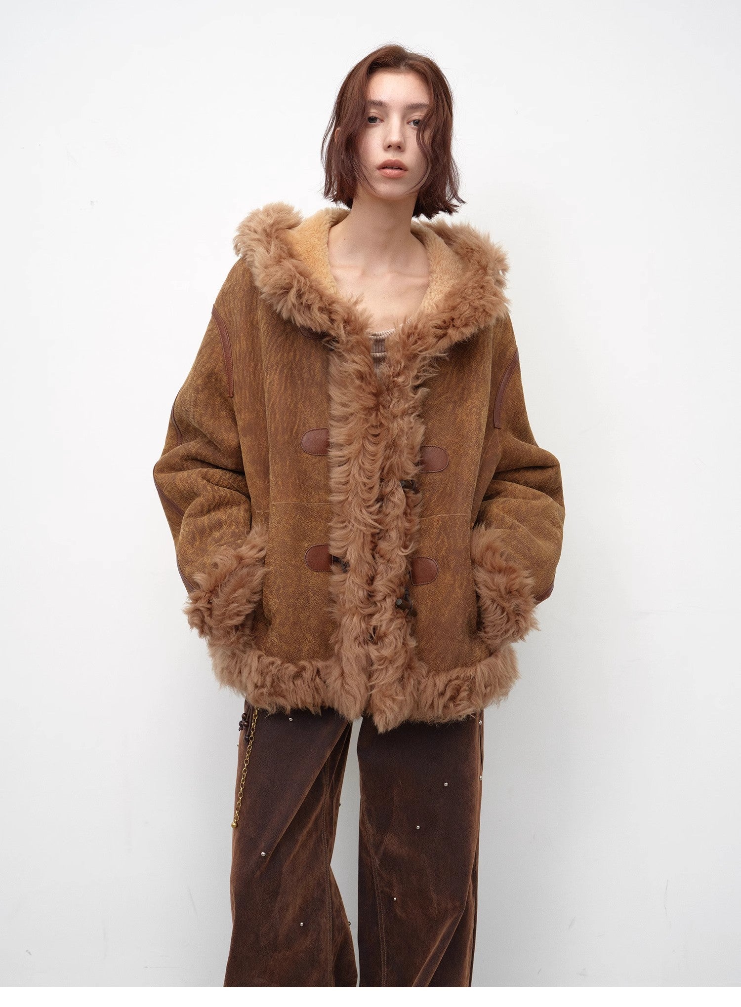 "Modern Weekend" Drop Shoulder Hooded Merino Wool Sheepskin Fur Coat