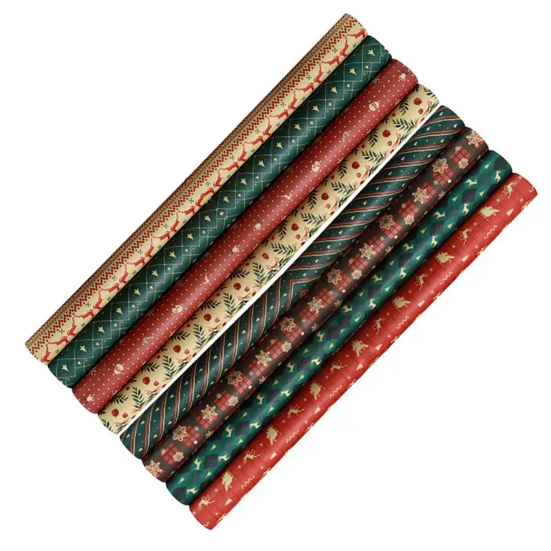 8-Pack Christmas Wrapping Paper Set – Vintage Kraft Gift Wrap with Classic Holiday Patterns, 27×20 Inch Sheets for DIY Gifts, Weddings & Holiday Crafts