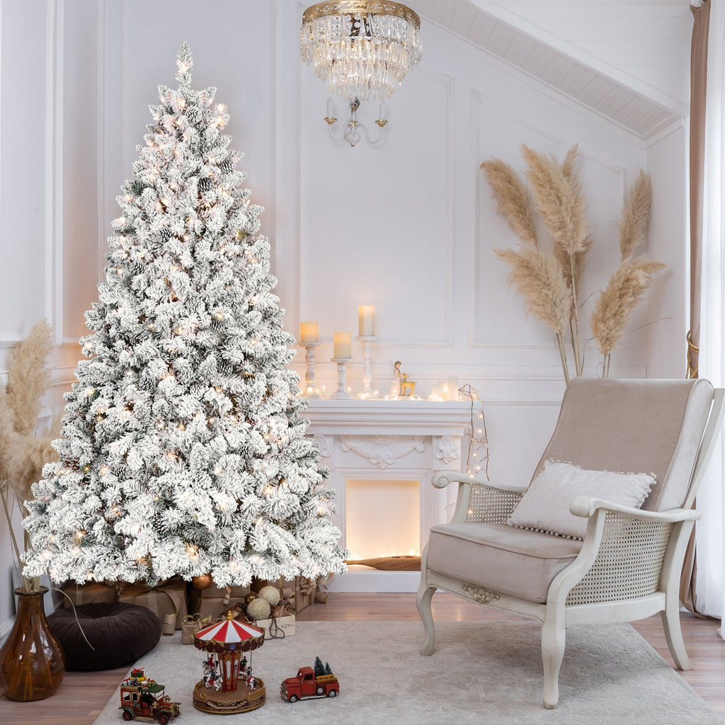 8ft Flocked Christmas Tree with 700 Warm White UL Lights & 54 Pine Cones – 1754 Snowy PVC Tips, Hinged Structure, and Metal Stand