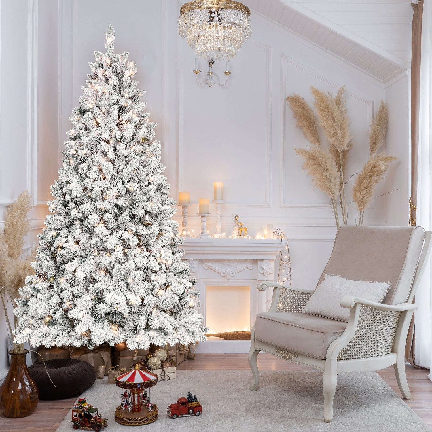 8ft Flocked Christmas Tree with 700 Warm White UL Lights & 54 Pine Cones – 1754 Snowy PVC Tips, Hinged Structure, and Metal Stand