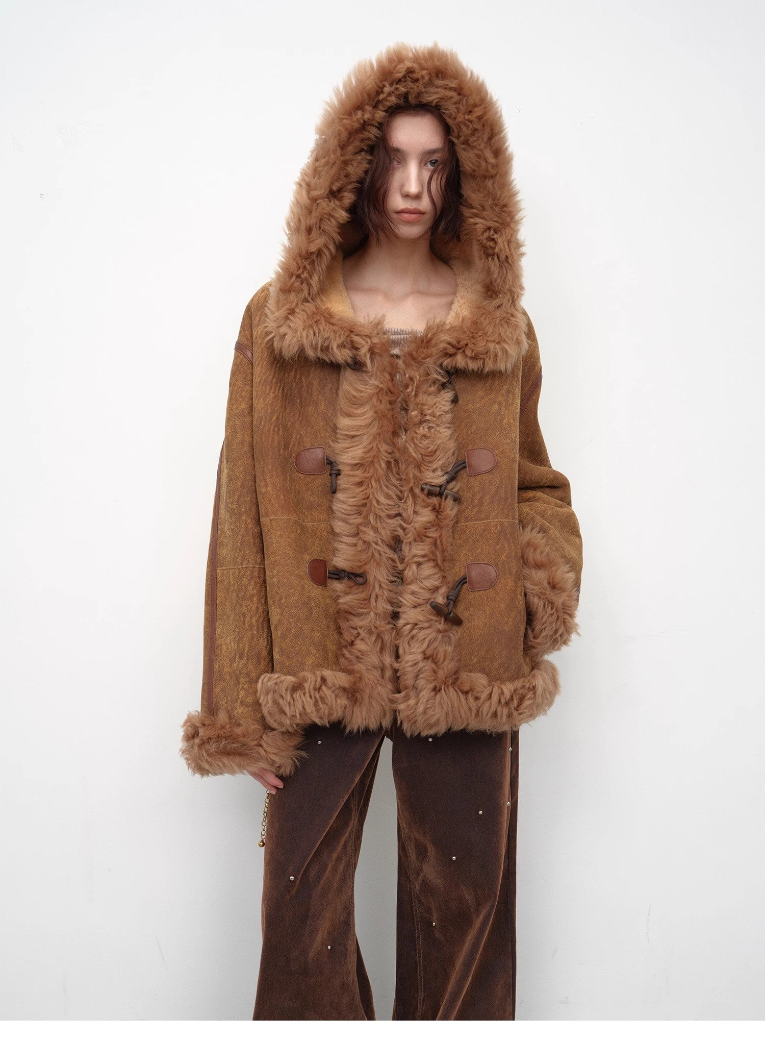 "Modern Weekend" Drop Shoulder Hooded Merino Wool Sheepskin Fur Coat