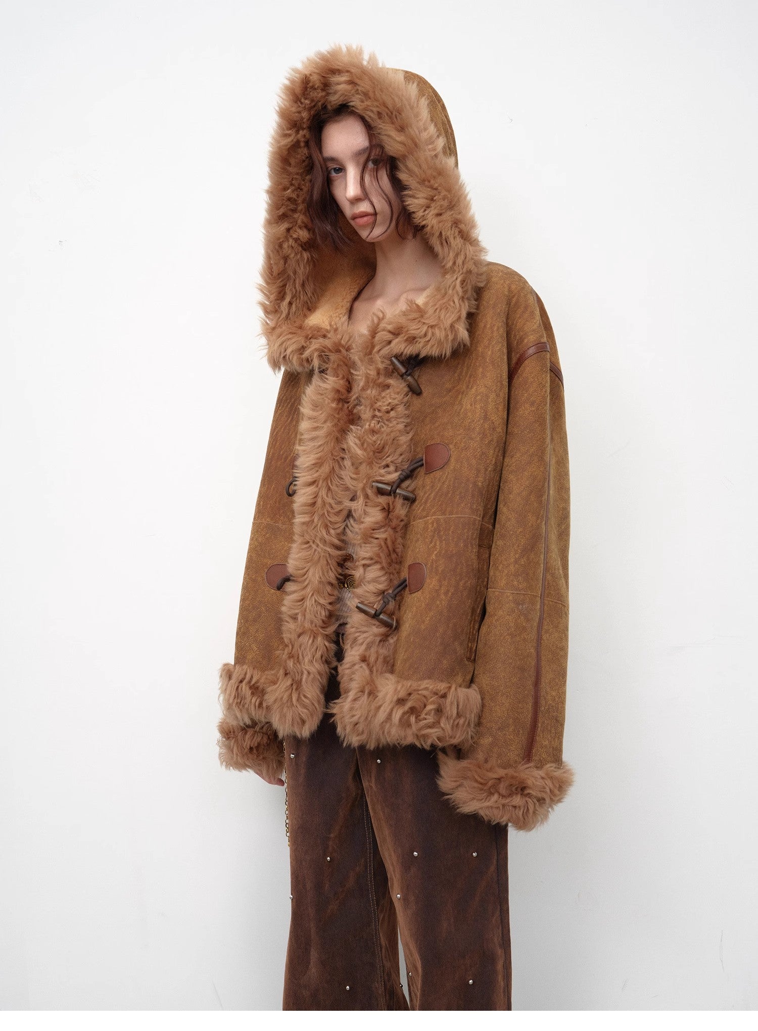 "Modern Weekend" Drop Shoulder Hooded Merino Wool Sheepskin Fur Coat