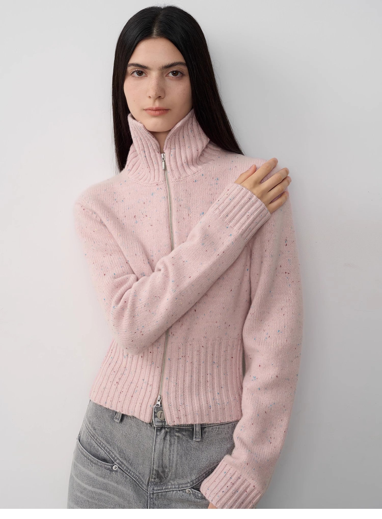 "Autumn Breeze Tea" Colorful Dotted Wool-Blend Double-Zip Knitted Sweater