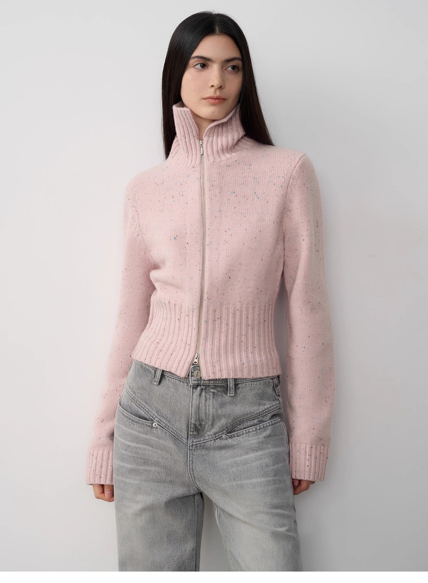 "Autumn Breeze Tea" Colorful Dotted Wool-Blend Double-Zip Knitted Sweater