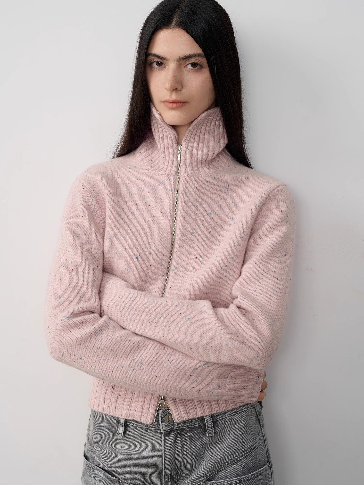 "Autumn Breeze Tea" Colorful Dotted Wool-Blend Double-Zip Knitted Sweater