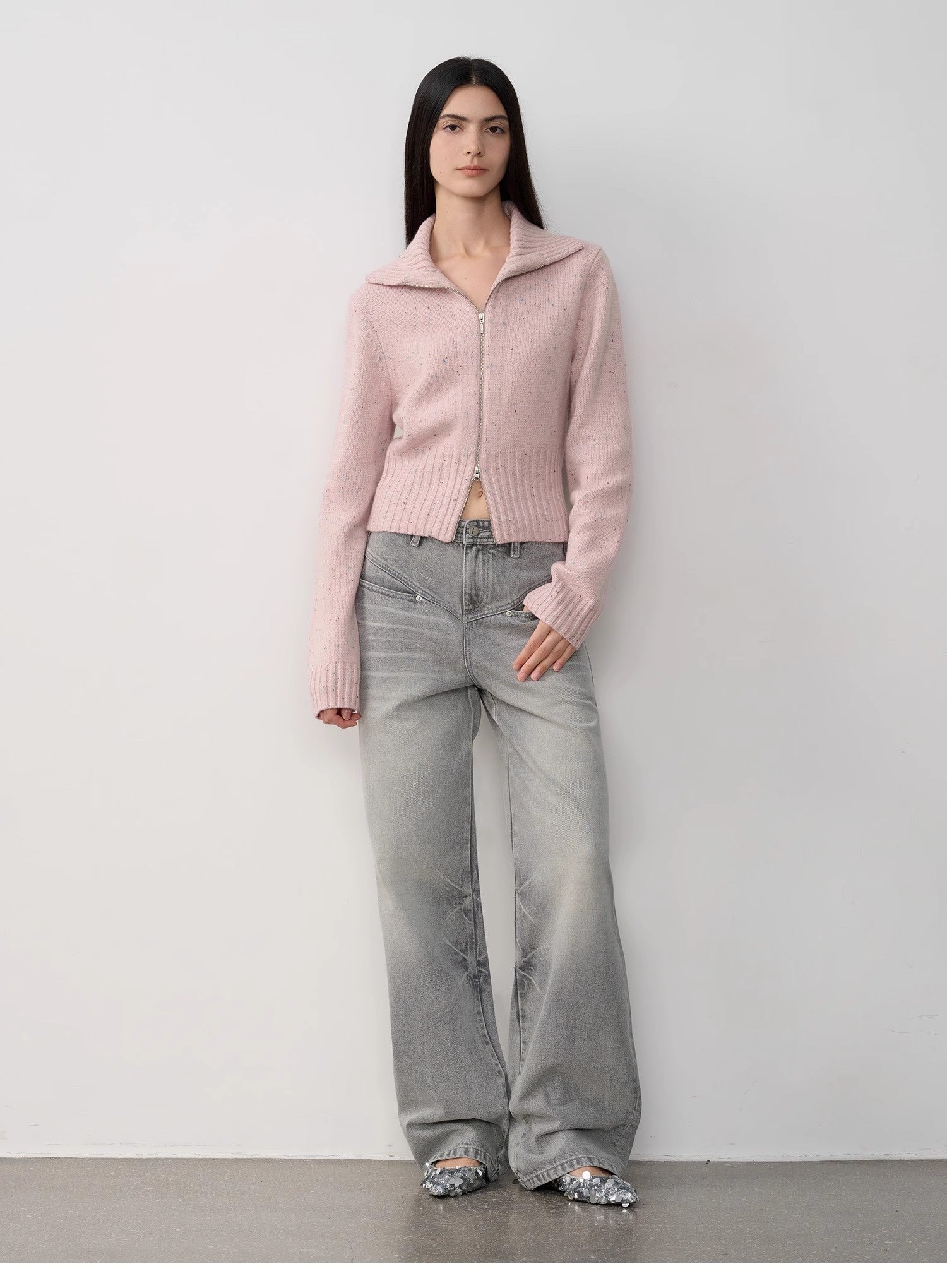 "Autumn Breeze Tea" Colorful Dotted Wool-Blend Double-Zip Knitted Sweater