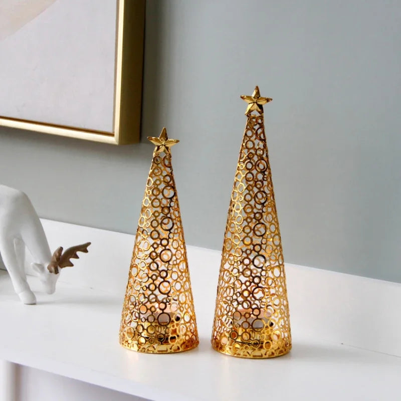 Gold Metal Christmas Tree Candle Holders (Set of 2) | Modern Holiday Decor | Elegant Tea Light Holders for Table or Mantel