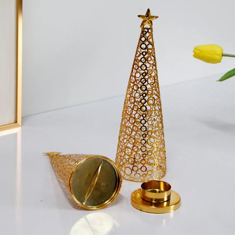 Gold Metal Christmas Tree Candle Holders (Set of 2) | Modern Holiday Decor | Elegant Tea Light Holders for Table or Mantel