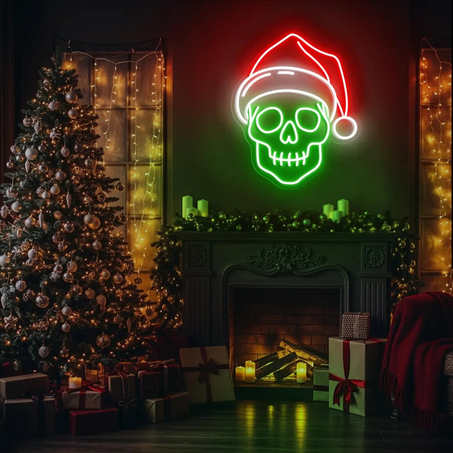 Skull with Santa Hat Neon Sign | Spooky Christmas Wall Light | Gothic Holiday Decor | Creepy Xmas Party Neon | Christmas Decor