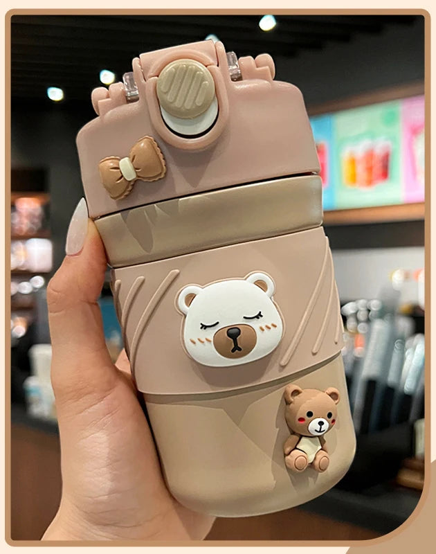 450ML Cute Bear Double Drink Thermos Coffee Mug With Straw Portable Stainless Steel Tumbler Insulated Cup Bottle For Kids Girls