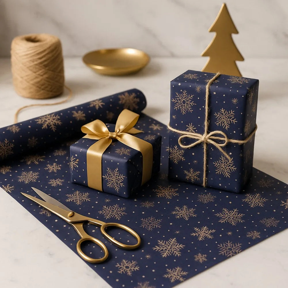 Extra Long Dark Blue Snowflake Wrapping Paper – Double-Sided Kraft Gift Wrap Roll, Navy & Gold Winter Holiday Wrapping Pape