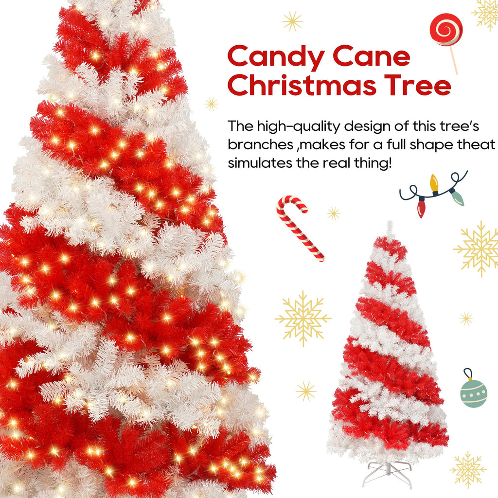 6ft Candy Cane Artificial Christmas Tree with 300 LED Lights – Red & White Holiday Tree with 904 Branch Tips and Metal Stand