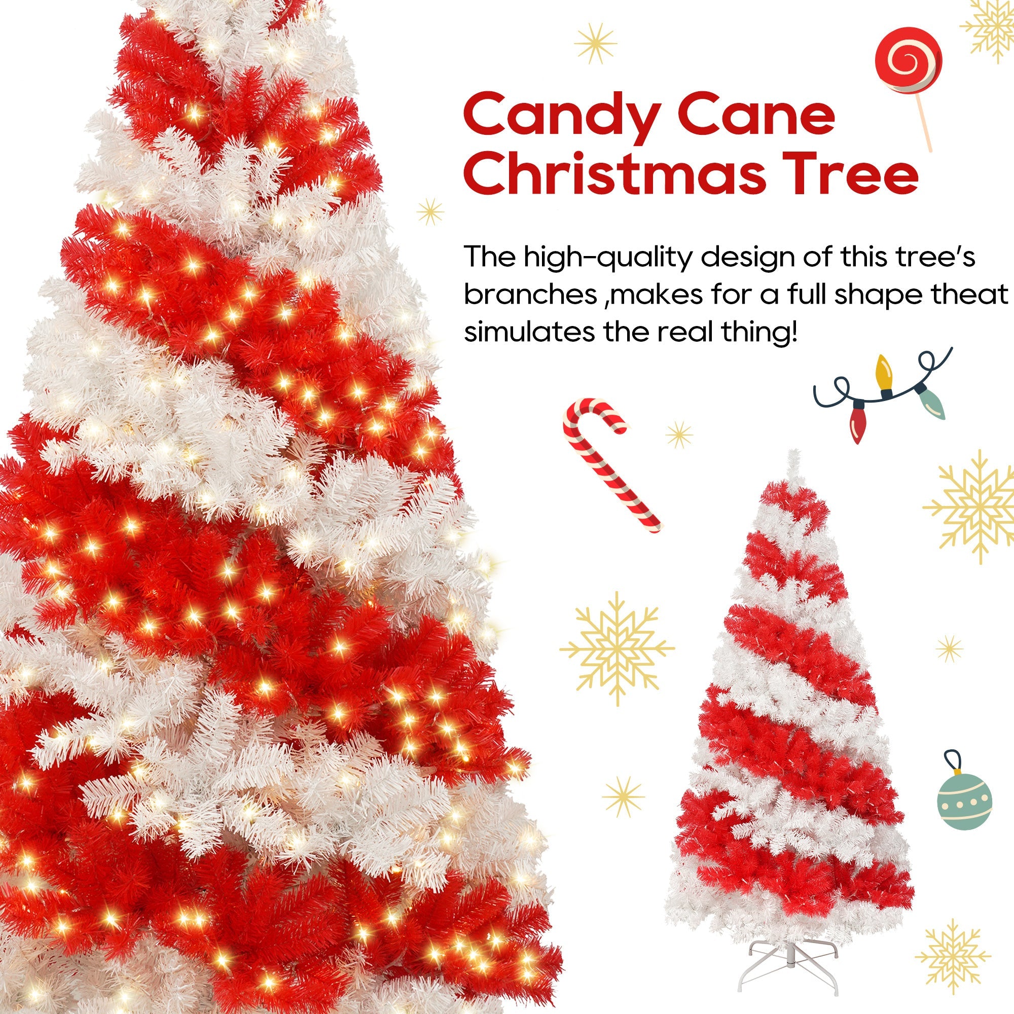 6ft Candy Cane Artificial Christmas Tree with 300 LED Lights – Red & White Holiday Tree with 904 Branch Tips and Metal Stand