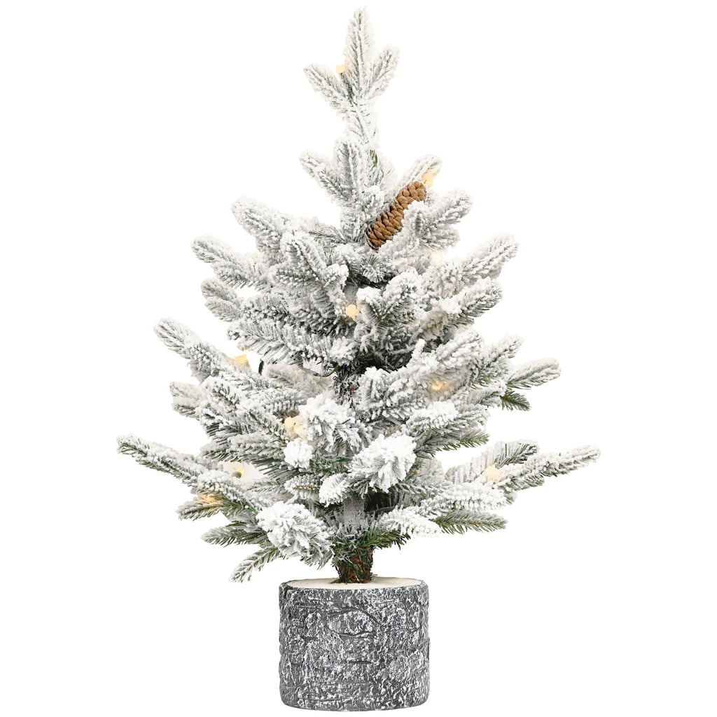 2ft Small Flocked Christmas Tree with Pot Base – 30 Warm White LED Lights, 189 PVC Tips, and Natural Pine Cones