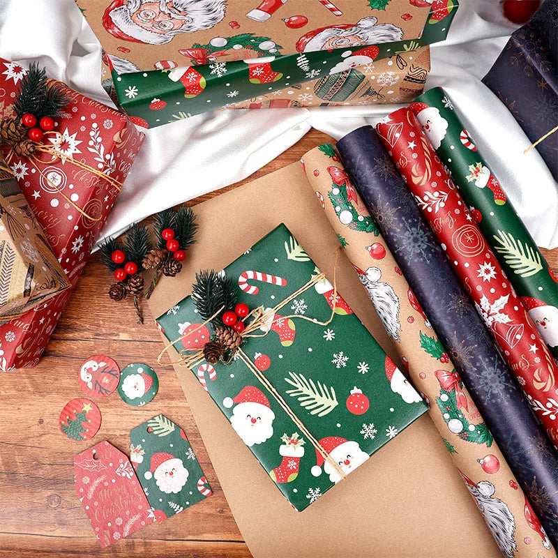 16 Different Assorted Styles Holiday Christmas Wrapping Paper Roll – Vintage Kraft Paper with Santa, Snowflake & Reindeer Designs, Gift Wrap for Kids & Adults