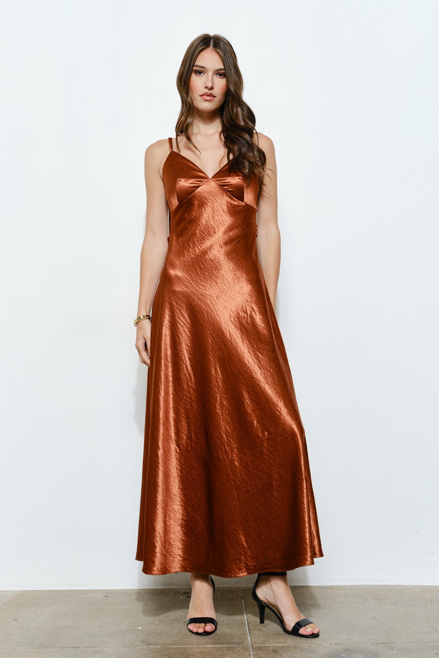 3D Satin Flower Draped Back Maxi Dress