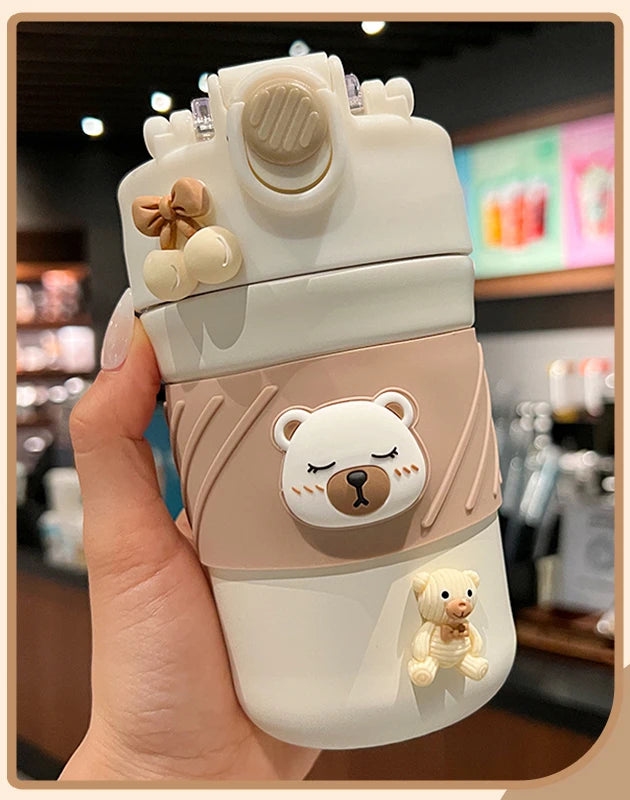450ML Cute Bear Double Drink Thermos Coffee Mug With Straw Portable Stainless Steel Tumbler Insulated Cup Bottle For Kids Girls