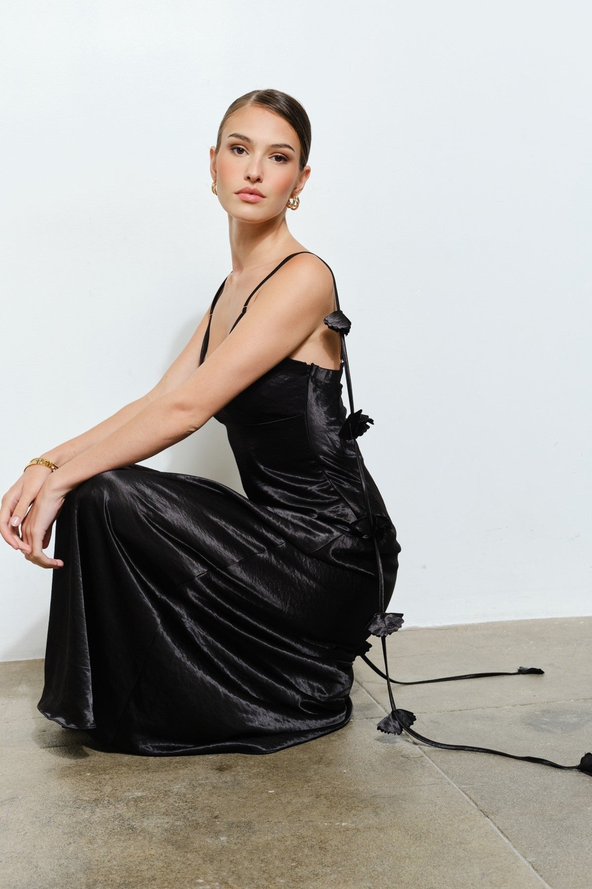 3D Satin Flower Draped Back Maxi Dress