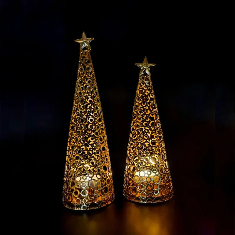 Gold Metal Christmas Tree Candle Holders (Set of 2) | Modern Holiday Decor | Elegant Tea Light Holders for Table or Mantel