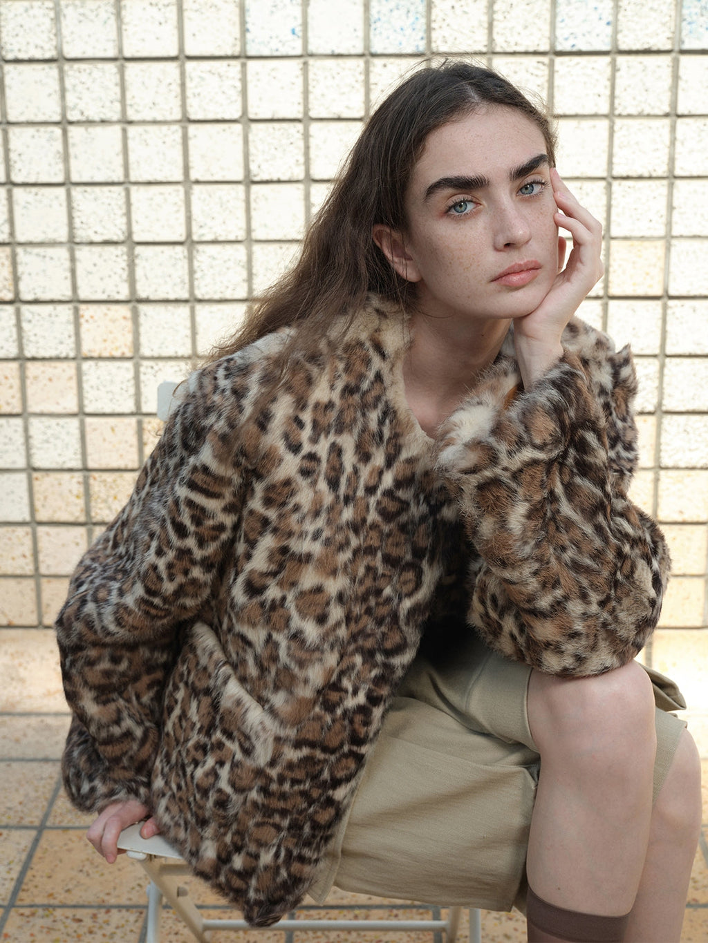 "Leopard Print Guide" Round Neck Leopard Print Rabbit Fur Jacket
