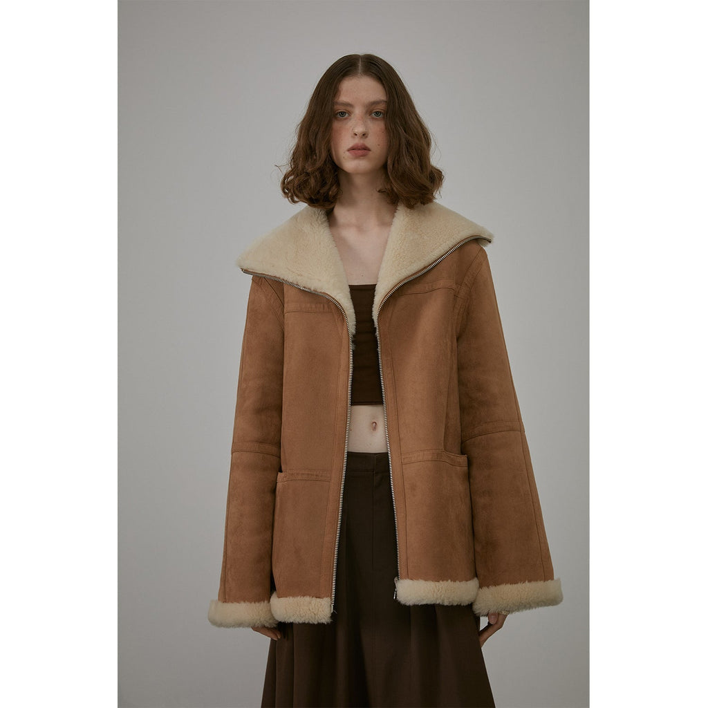 “August Night” Wool Artificial Compound Leather Reversible Shearling Jacket