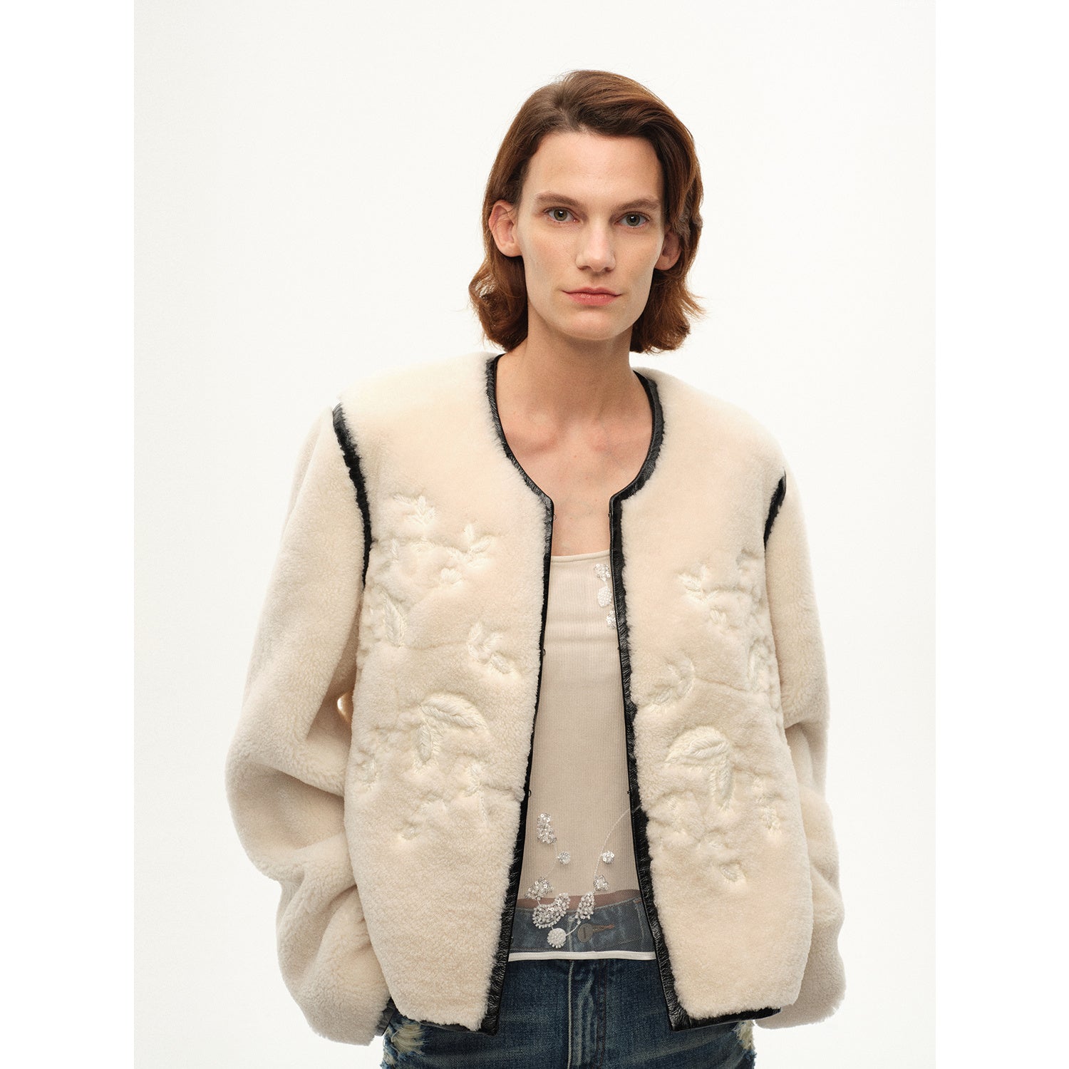 Embroidered Short Merino Wool Sheepskin Fur Coat