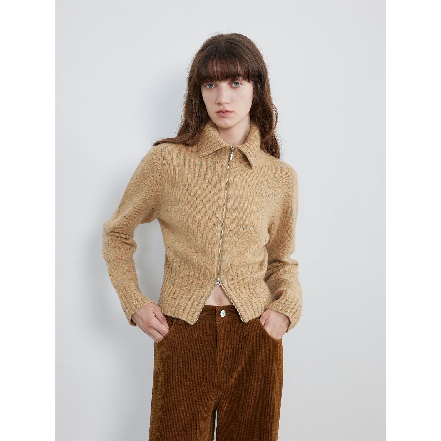 "Autumn Breeze Tea" Colorful Dotted Wool-Blend Double-Zip Knitted Sweater