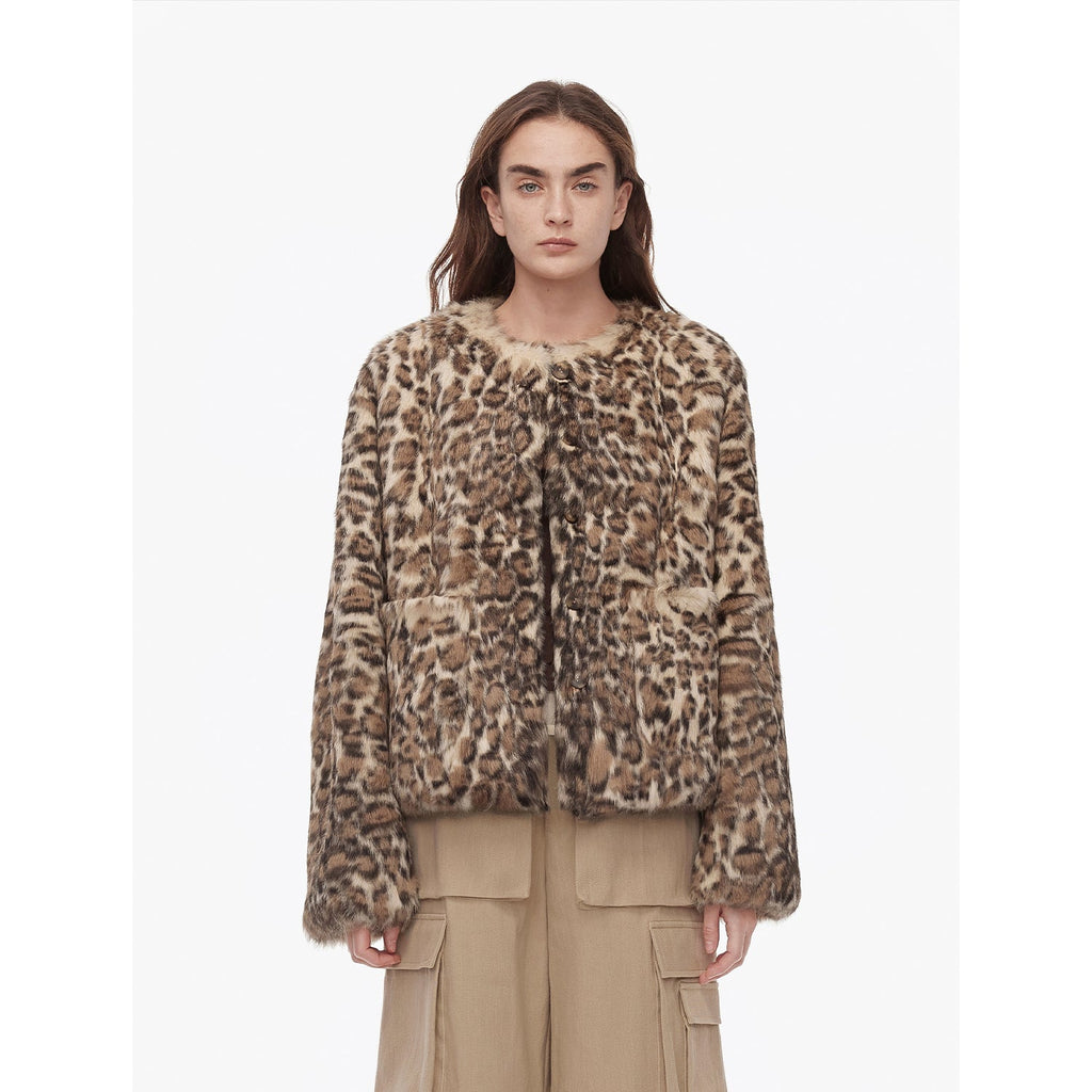 "Leopard Print Guide" Round Neck Leopard Print Rabbit Fur Jacket