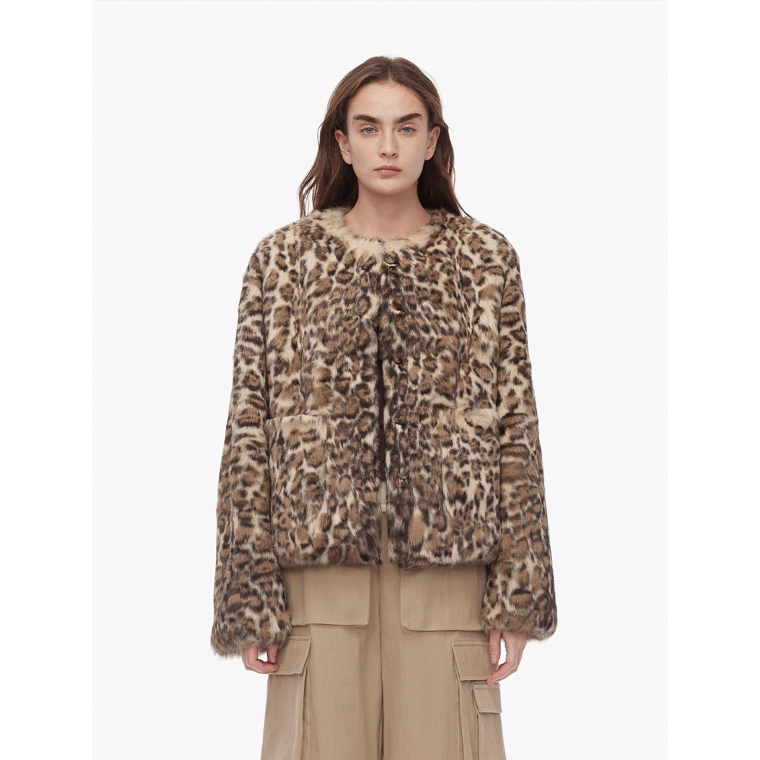 "Leopard Print Guide" Round Neck Leopard Print Rabbit Fur Jacket