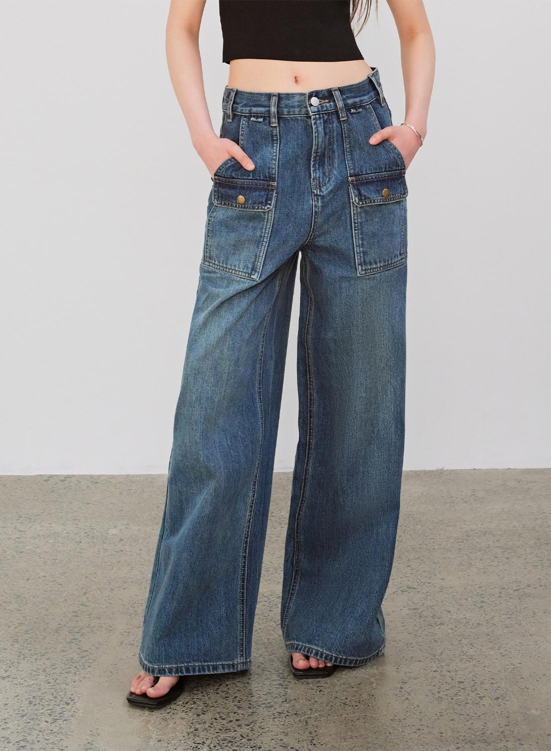 "Silent Deep Sea" Vintage Blue Straight-Leg Jeans