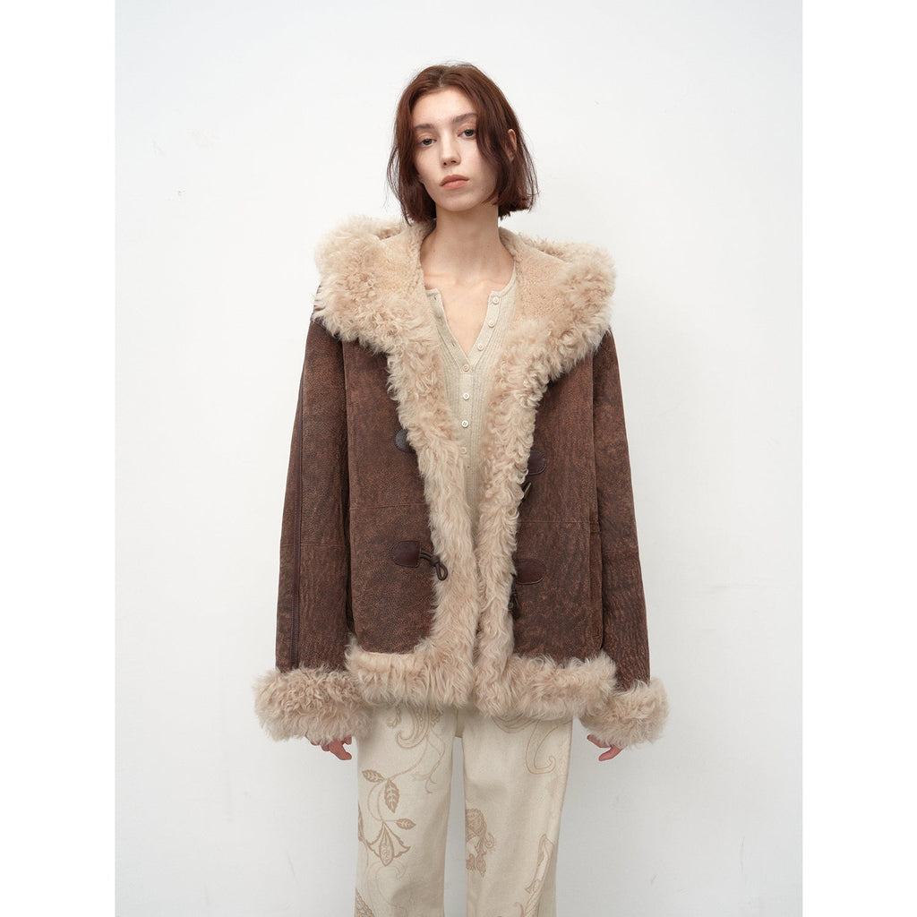"Modern Weekend" Drop Shoulder Hooded Merino Wool Sheepskin Fur Coat