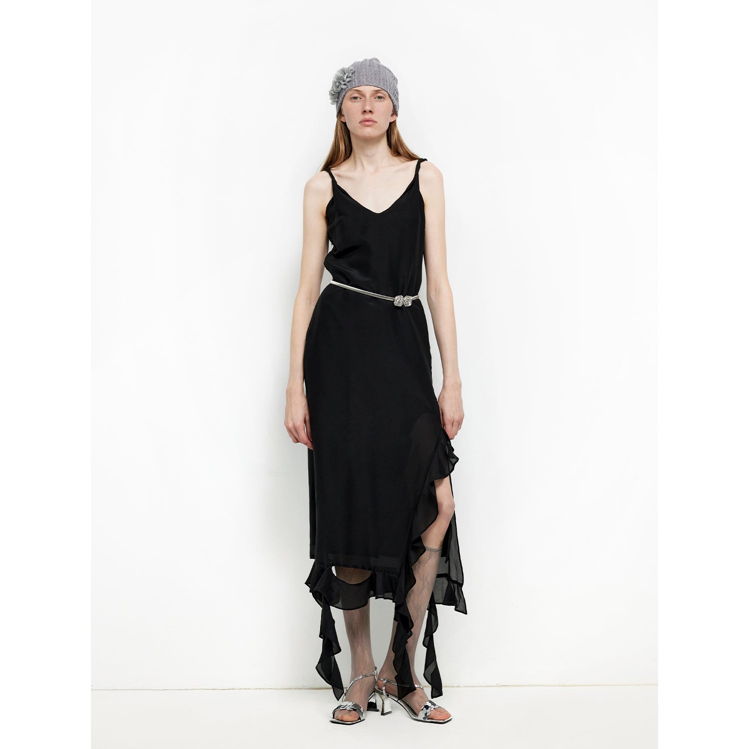 Mulberry Silk V-Neck Ruffled Draped Twist Strap Dress