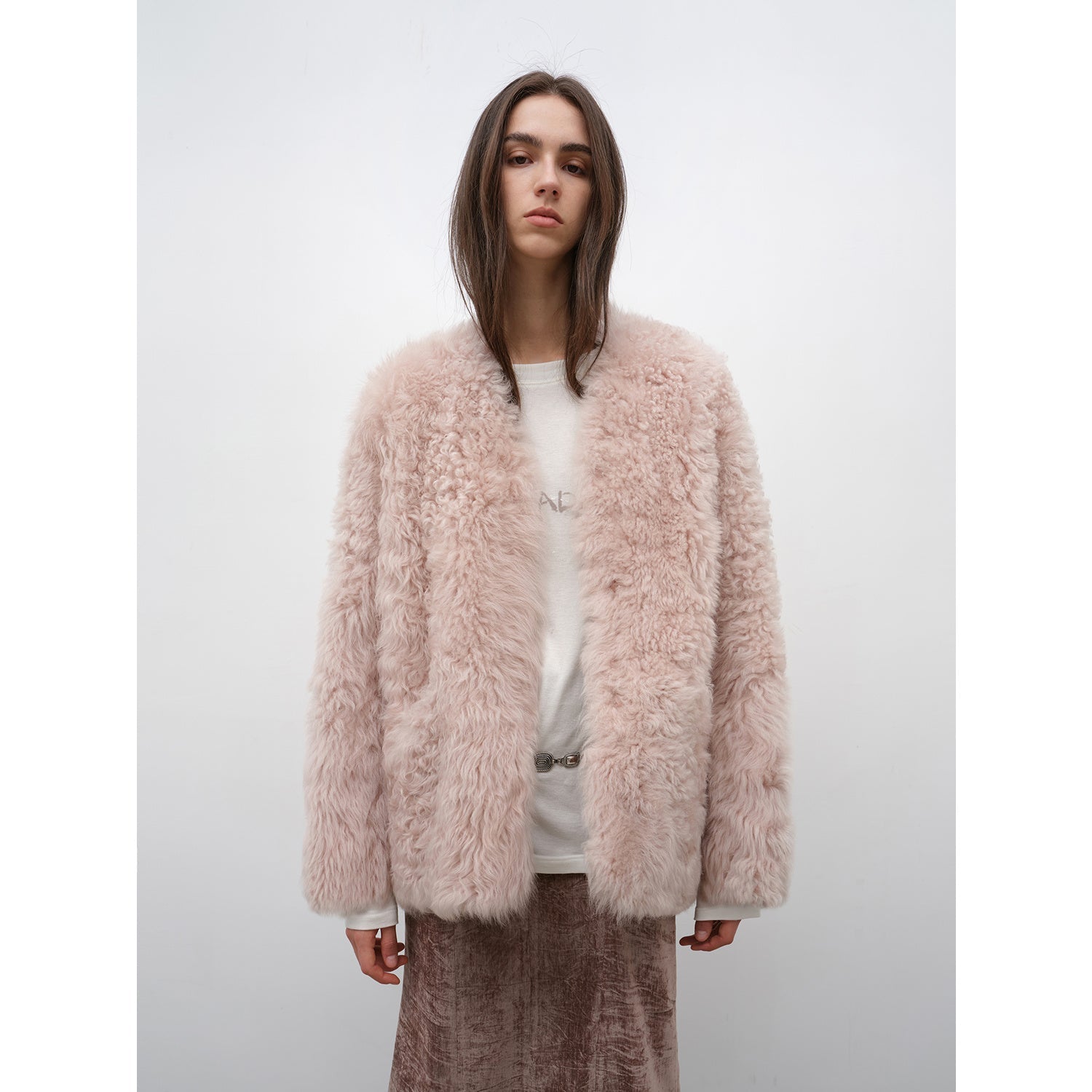 "Castle Dusk" V-Neck Curly Wool Sheepskin Fur Coat