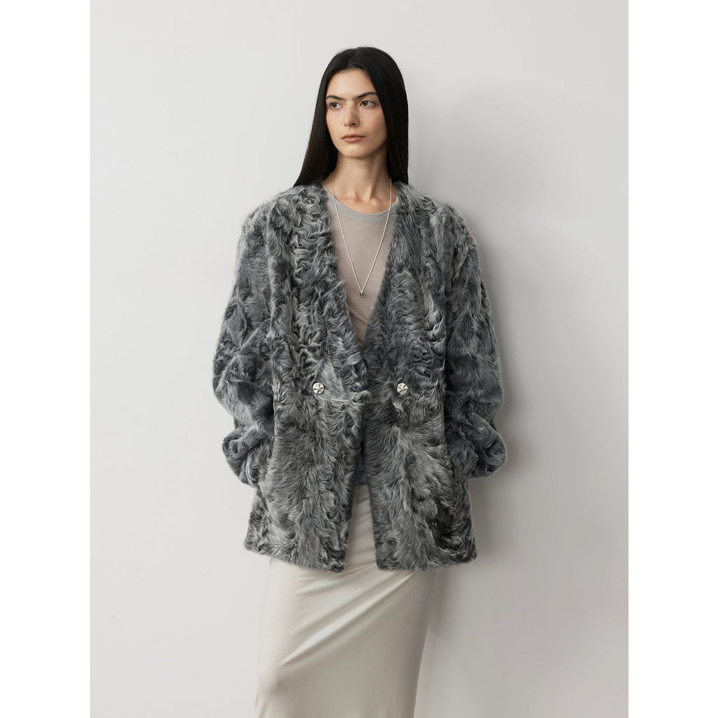 "Blizzard Urban" Two-Color Lamb Fur Coat